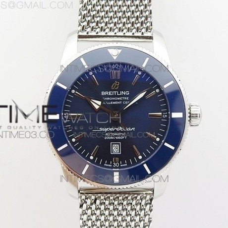 브라이틀링 슈퍼오션 헤리티지 스틸 블루다이얼 세라믹베젤 매쉬밴드 SUPER OCEAN HERITAGE BLUE CERAMIC BEZEL SS BLUE DIAL ON SS BRACELET A2824