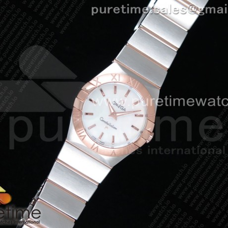 K11공장 오메가 컨스텔레이션 27MM 로골 자개다이얼 브레이슬릿 Constellation Ladies 27mm SS/RG White MOP Dial Stick Markers on SS/RG Bracelet ETA Quartz