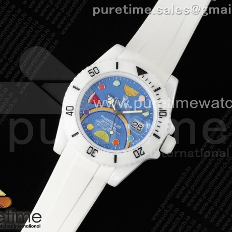 5G공장 롤렉스 커스텀 서브마리너 40 풀세라믹 블루레인보우다이얼 러버스트랩 Submariner 40mm White Ceramic 5GF Best Edition Blue Rainbow Dial on White Rubber Strap SA3135