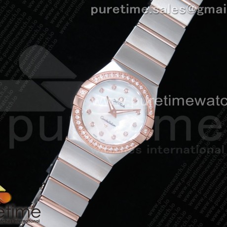 K11공장 오메가 컨스텔레이션 27MM 로골 자개다이얼 브레이슬릿 Constellation Ladies 27mm SS/RG Diamonds Bezel White MOP Textured Dial Diamonds Markers on SS/RG Bracelet ETA Quartz