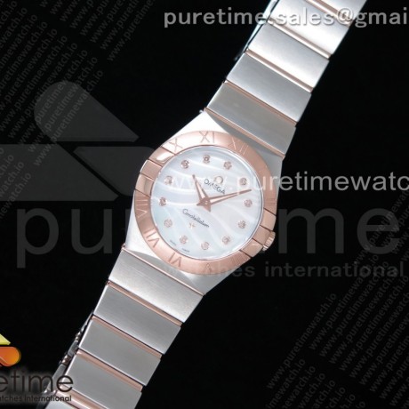 K11공장 오메가 컨스텔레이션 27MM 로골 자개다이얼 브레이슬릿 Constellation Ladies 27mm SS/RG White MOP Textured Dial Diamonds Markers on SS/RG Bracelet ETA Quartz