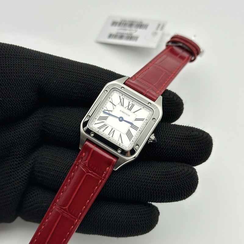 F1공장 까르띠에 산토스 뒤몽 27.5 스틸 실버다이얼 레드가죽스트랩 Santos Dumont 27.5mm IWSF Best Edition Silver Dial on Red Leather Strap Quartz 출고 전 실물 검수사진 3